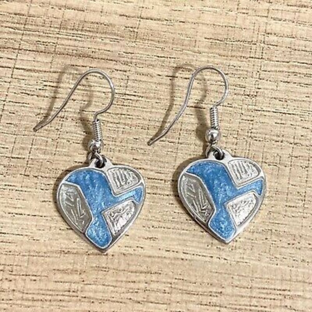 Enameled Heart Earrings Blue Silver Tone Dangle Southwest Patchwork color block